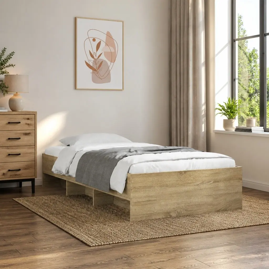 Bed Frame Engineered Wood 90x190 cm Brown Sonoma Oak Slatted Base Storage