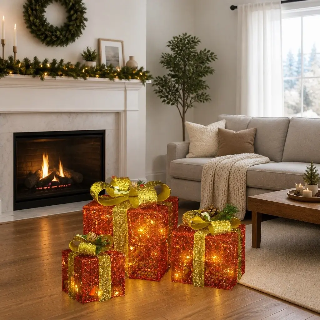 LED Lighted Decorative Gift Boxes Set 3 Pieces Red Indoor Outdoor Christmas