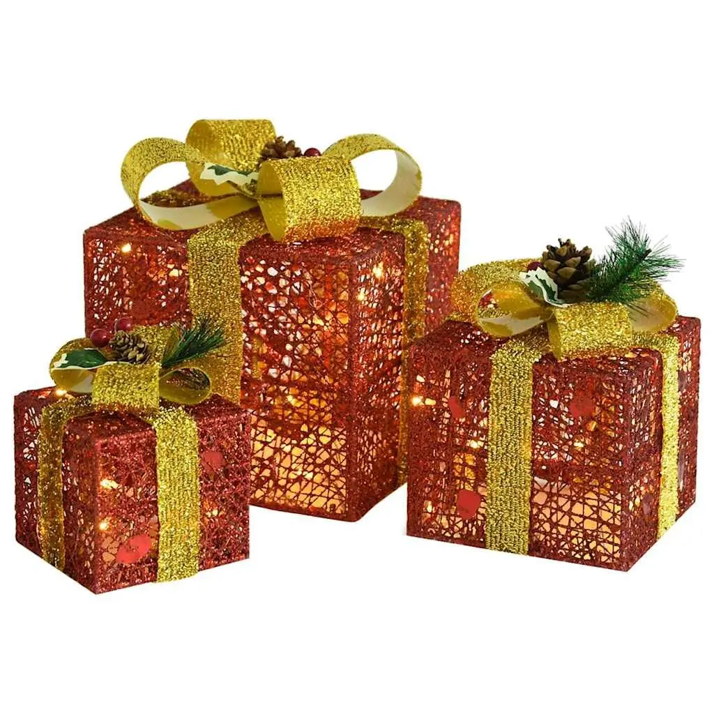 LED Lighted Decorative Gift Boxes Set 3 Pieces Red Indoor Outdoor Christmas