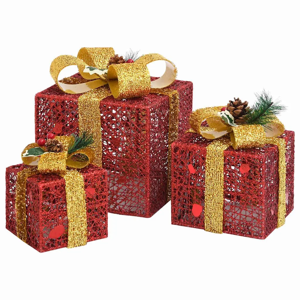 LED Lighted Decorative Gift Boxes Set 3 Pieces Red Indoor Outdoor Christmas