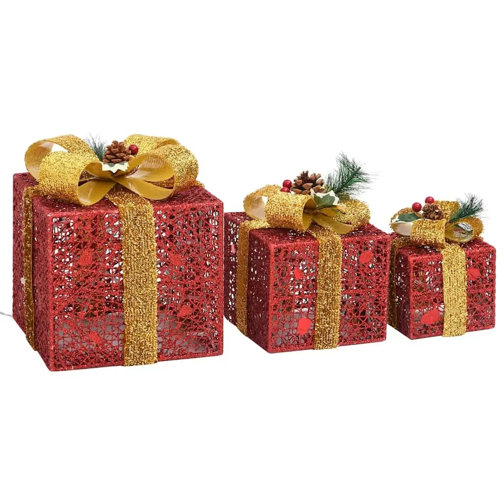LED Lighted Decorative Gift Boxes Set 3 Pieces Red Indoor Outdoor Christmas