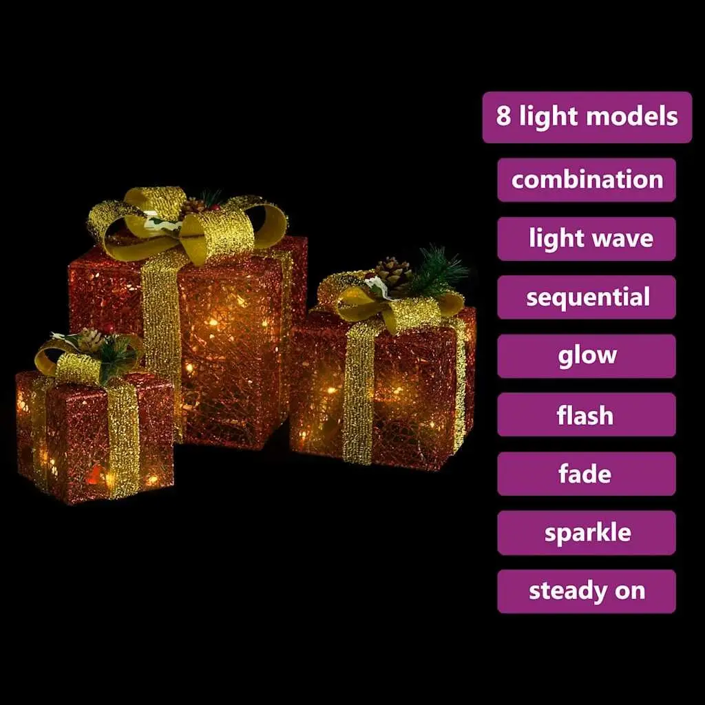 LED Lighted Decorative Gift Boxes Set 3 Pieces Red Indoor Outdoor Christmas