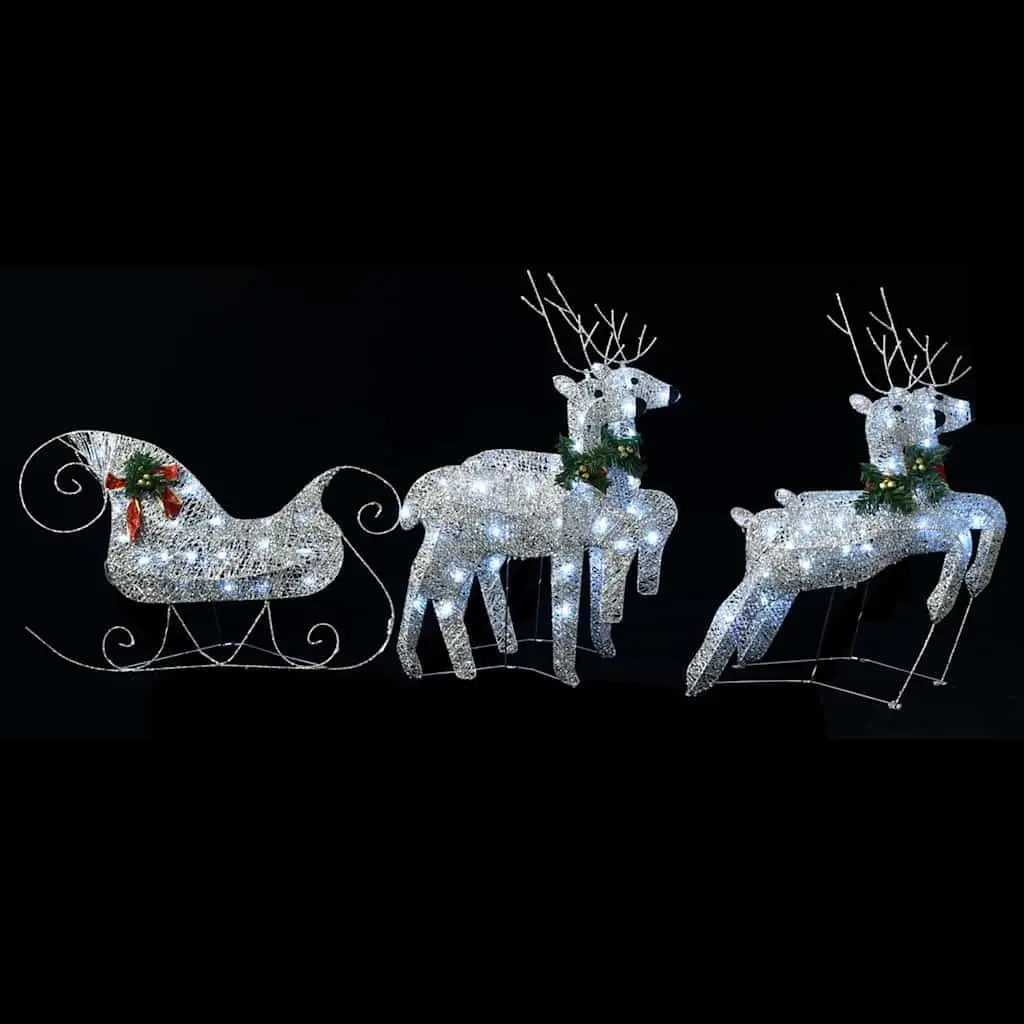 Reindeer Sleigh Christmas Decoration Metal Mesh 100 LED Lights Cold White Silver
