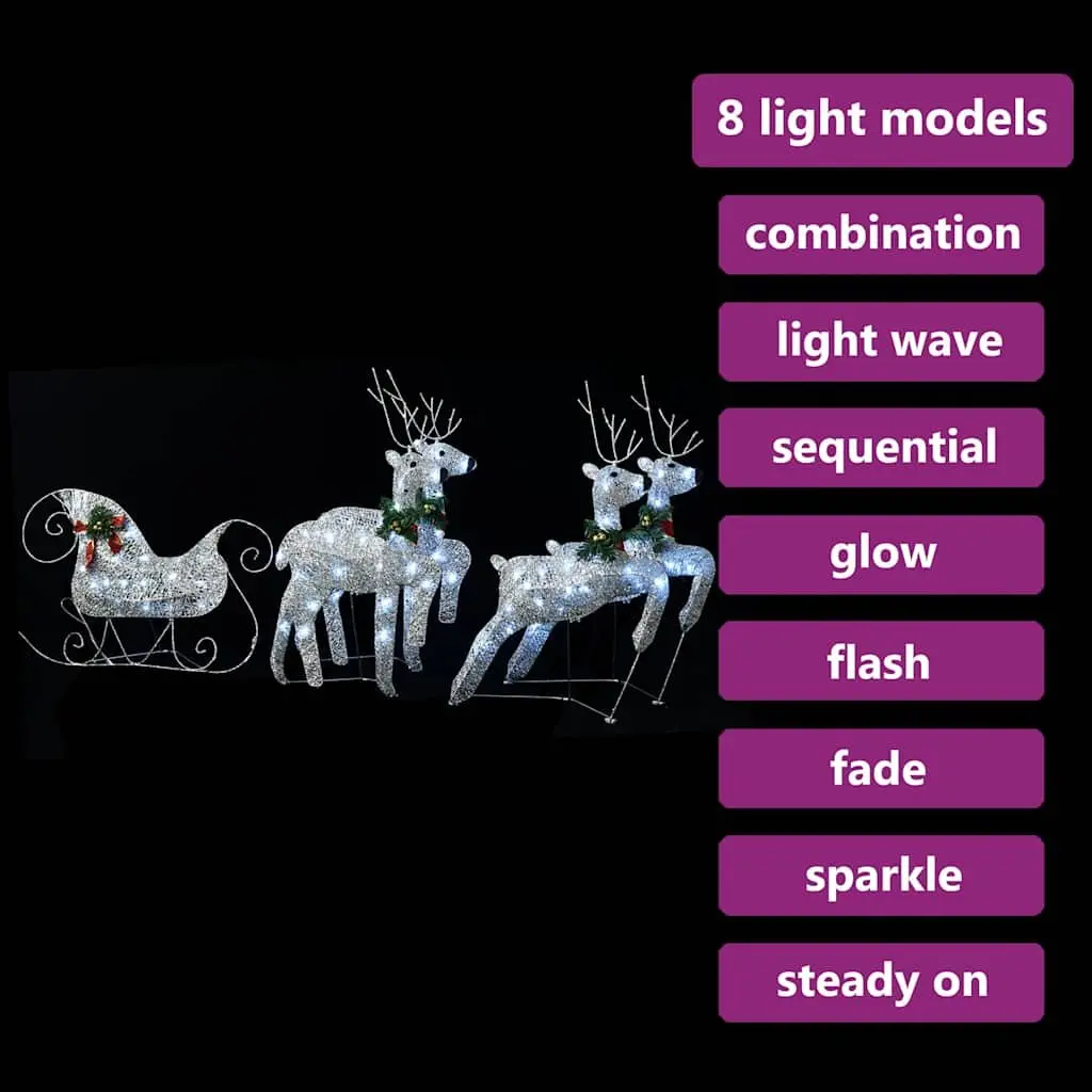 Reindeer Sleigh Christmas Decoration Metal Mesh 100 LED Lights Cold White Silver