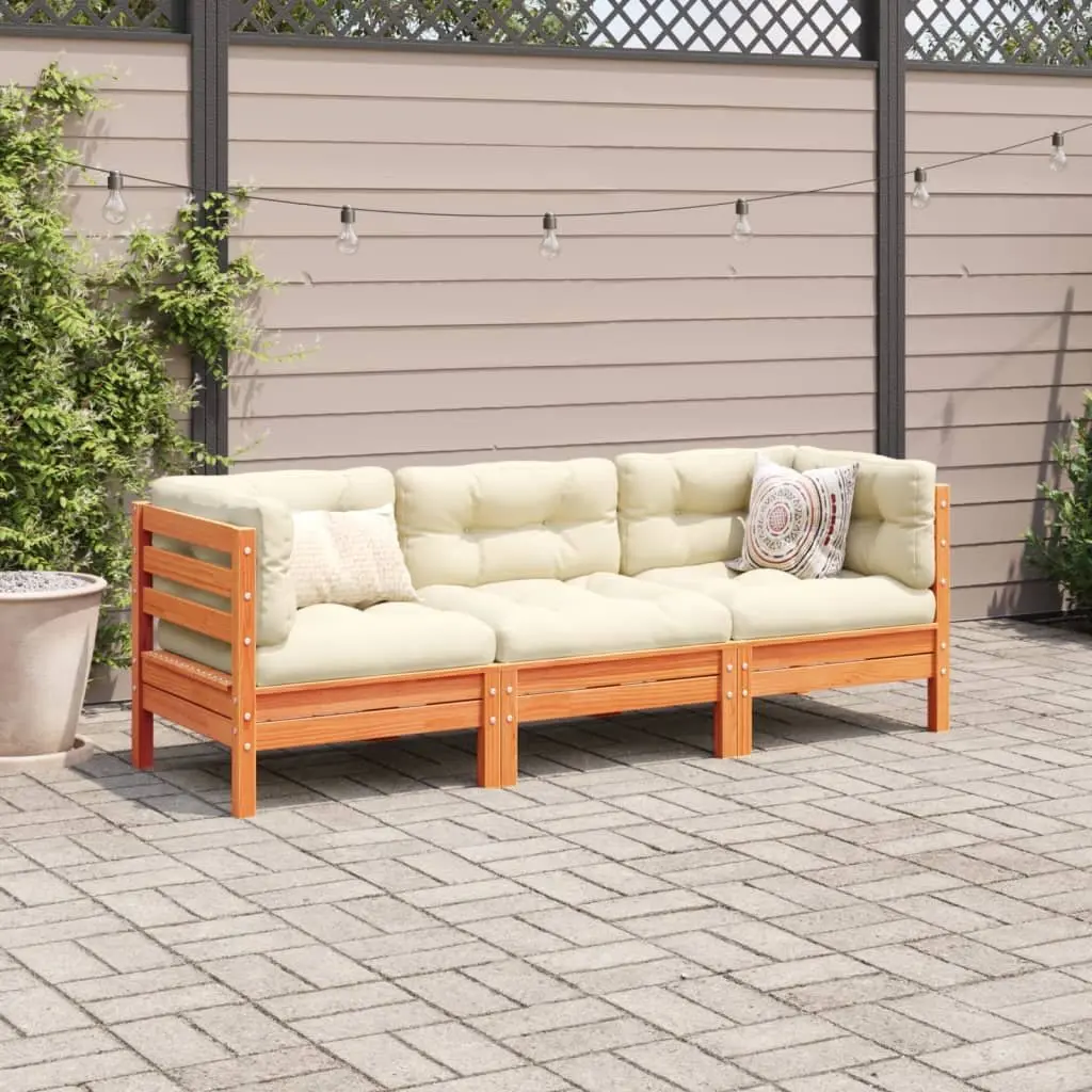 3 Piece Patio Sofa Set Solid Pinewood Brown Cushions Outdoor Garden