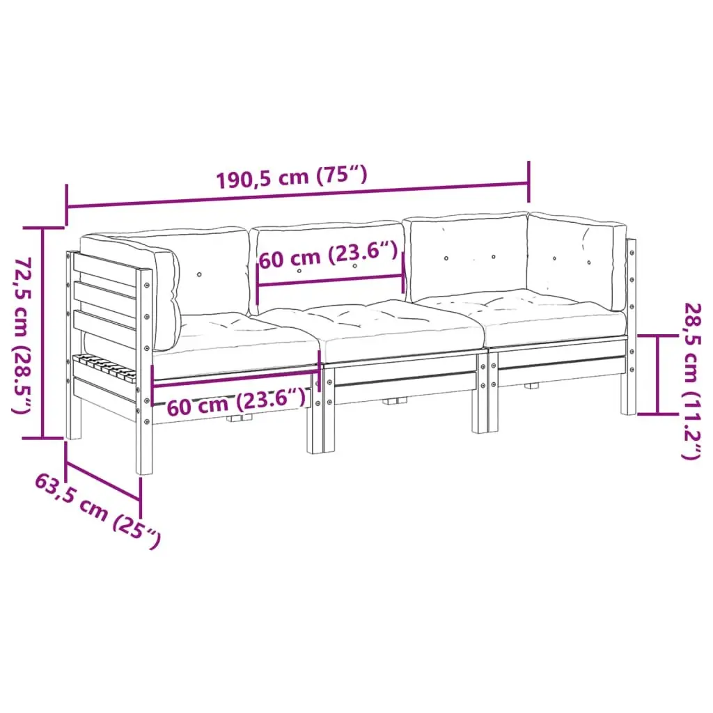 3 Piece Patio Sofa Set Solid Pinewood Brown Cushions Outdoor Garden