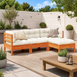 Sturdy 4-Piece Brown Pinewood Garden Sofa Set with Cushions