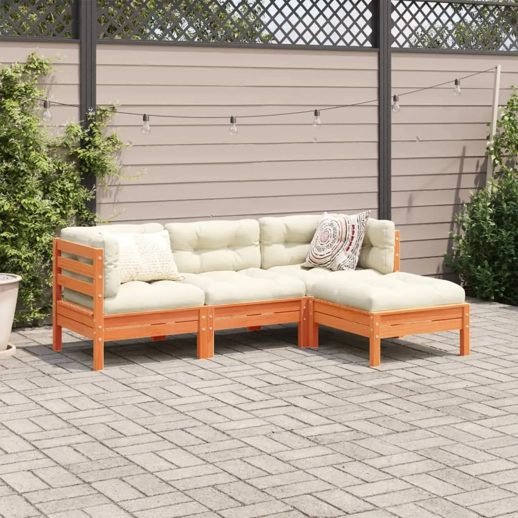 Garden Sofa Set Solid Pinewood 4 Piece Brown with Cushions
