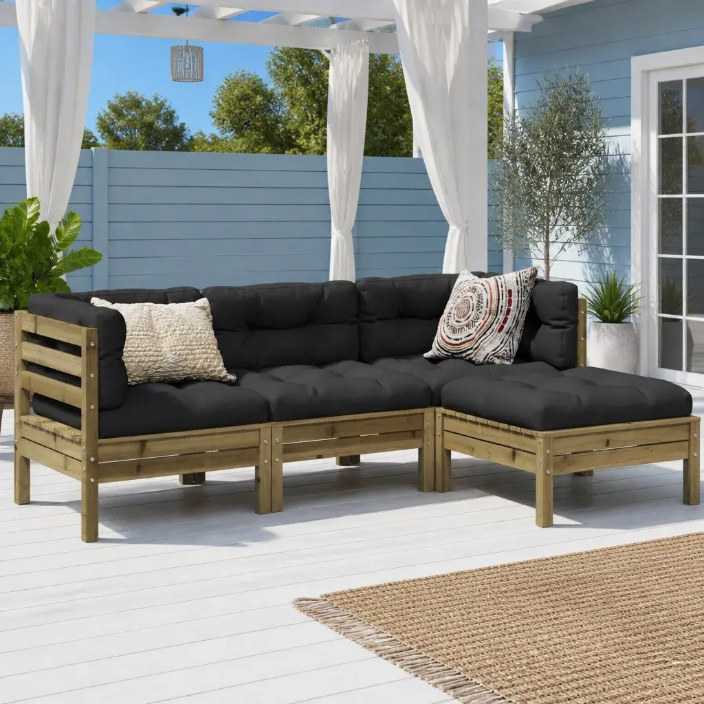4 Piece Garden Sofa Set with Cushions in Brown