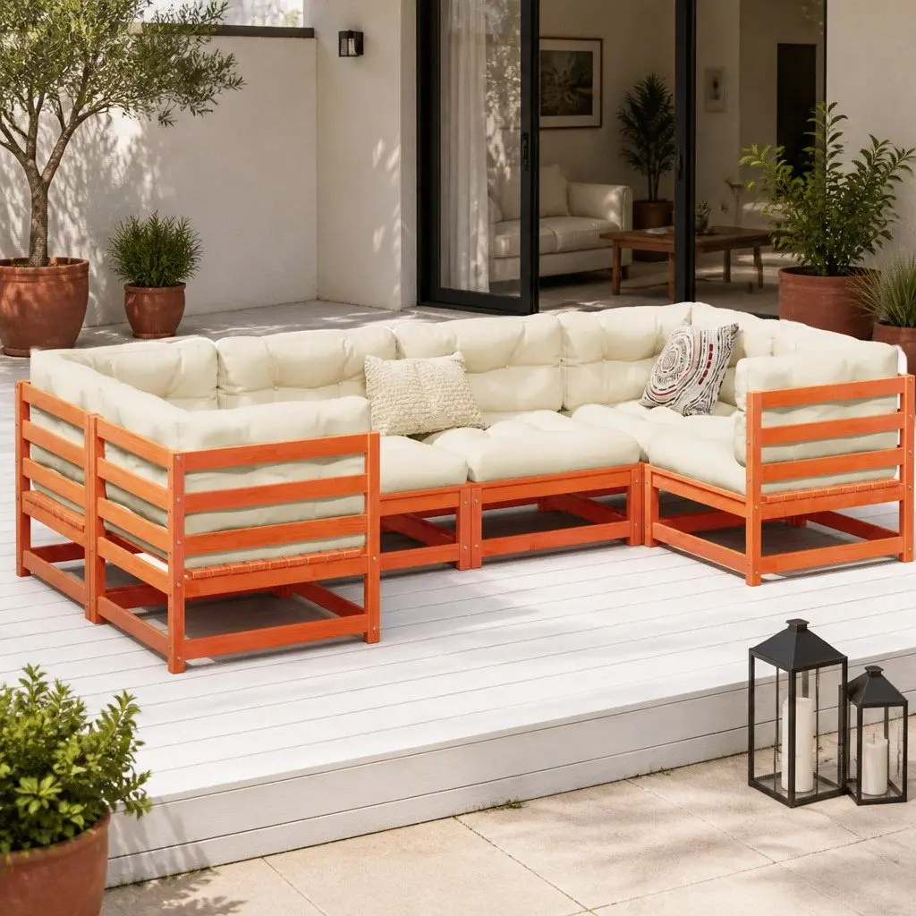 Garden Sofa Set Solid Pinewood 6 Piece Modular Outdoor Furniture Brown