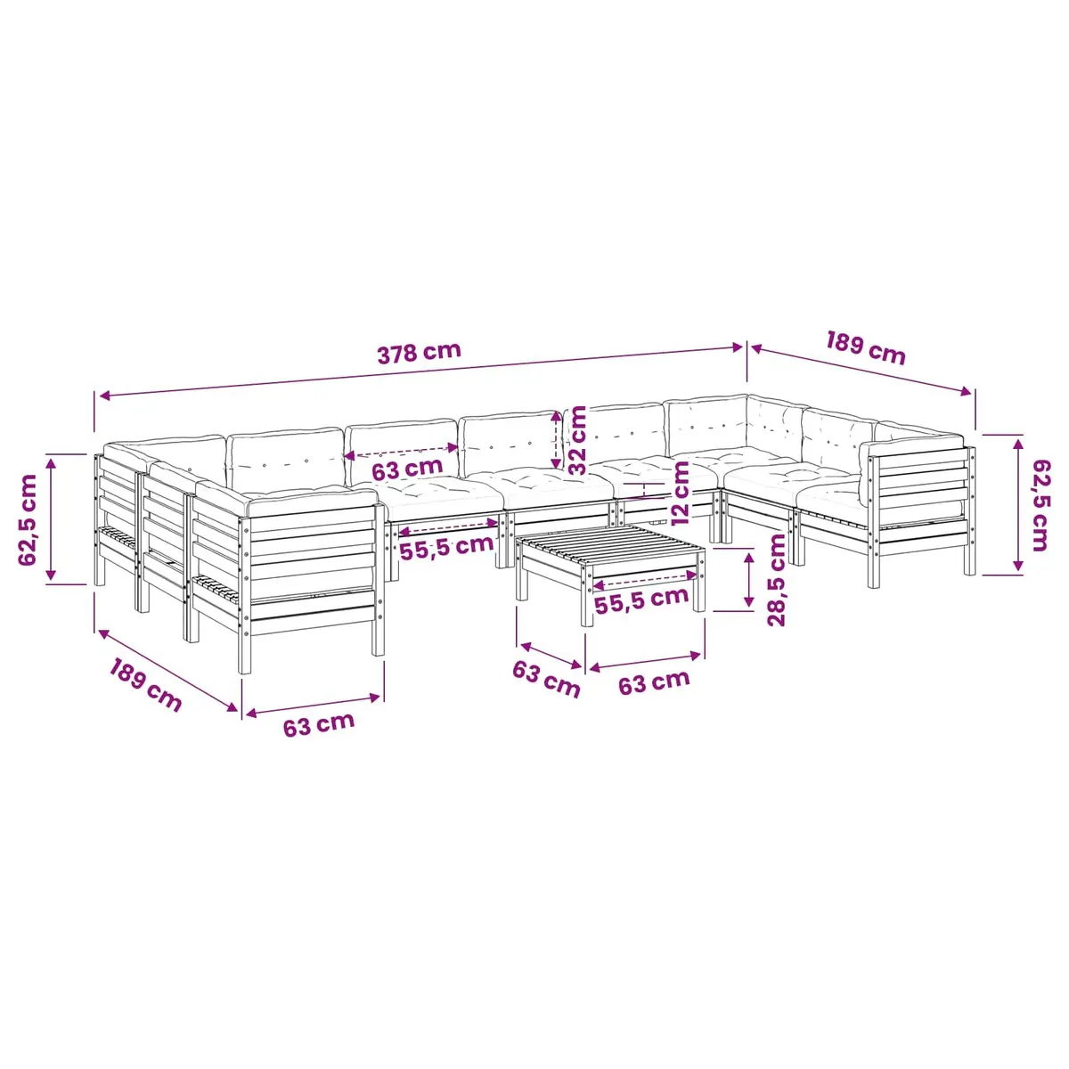 11 Piece Modular Garden Sofa Set with Cushions