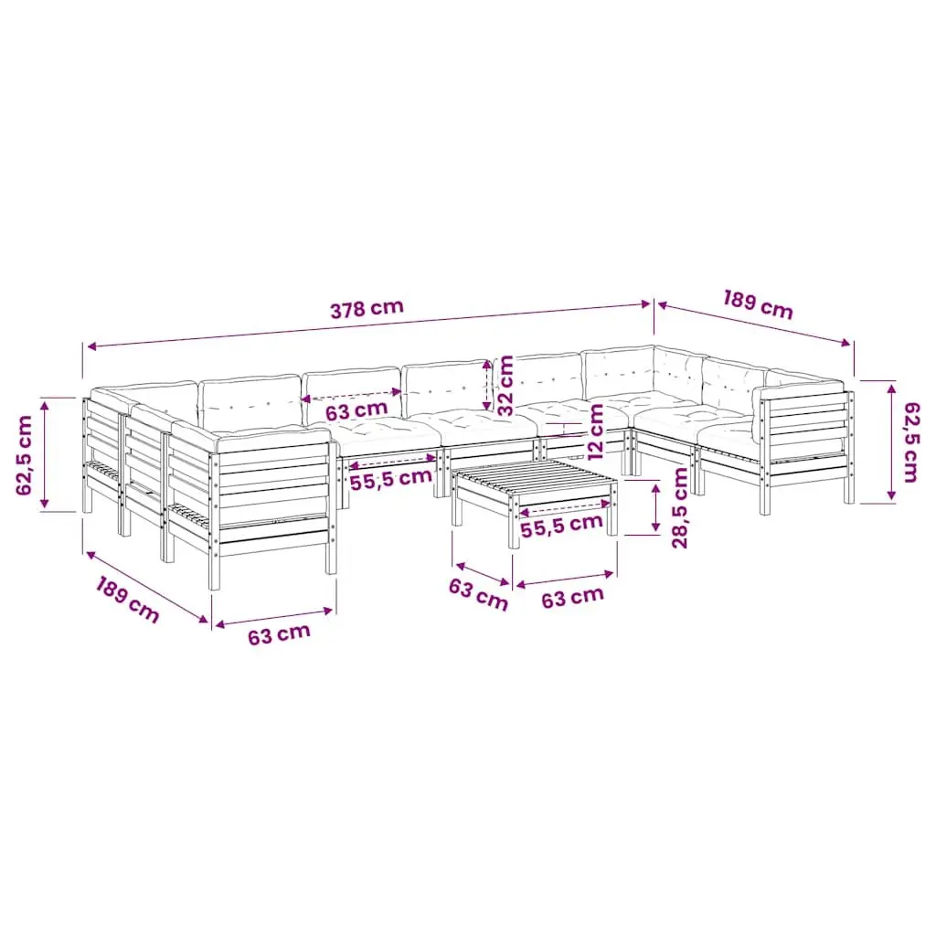11 Piece Brown Garden Sofa Set in Pinewood