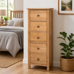Elegant 5 Drawer Tall Chest of Drawers in Brown Solid Wood