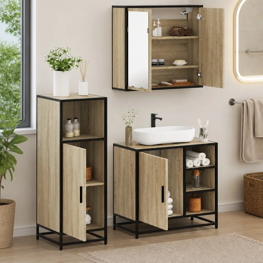 Brown 3-Piece Bathroom Vanity Set with Mirror