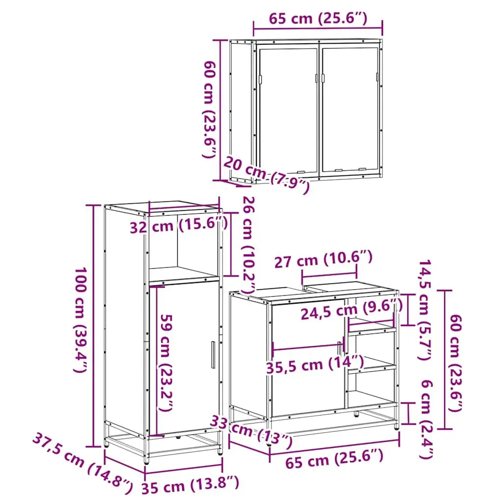 Brown 3-Piece Bathroom Vanity Set with Mirror