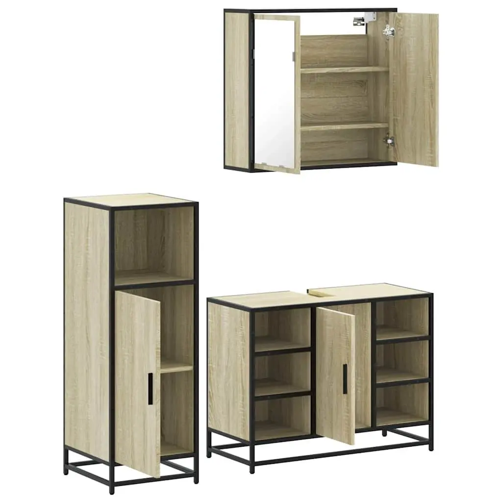 Bathroom Set Engineered Wood Metal Frame 3 Piece Brown