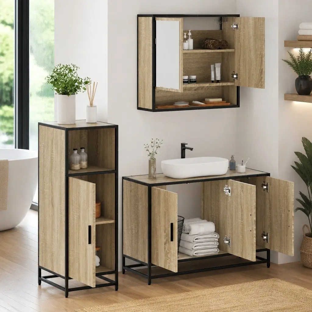 3-Piece Sonoma Oak Bathroom Furniture Set with Mirror