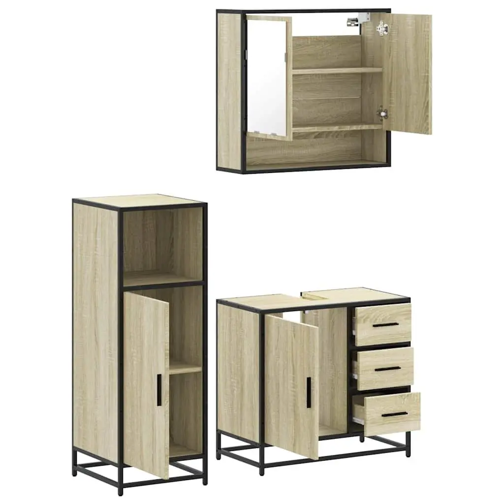 Bathroom Set Engineered Wood 3 Piece Brown Vanity Cabinet Mirror Storage