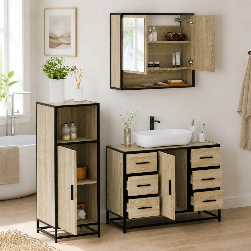3-Piece Brown Bathroom Furniture Set with Mirror
