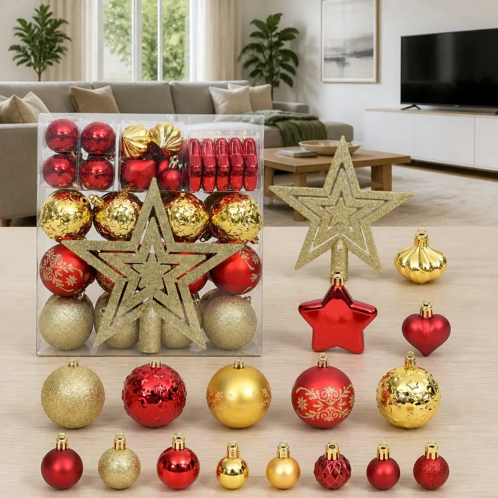 Christmas Bauble Ornament Set Shatterproof Plastic 70 Piece Gold Red