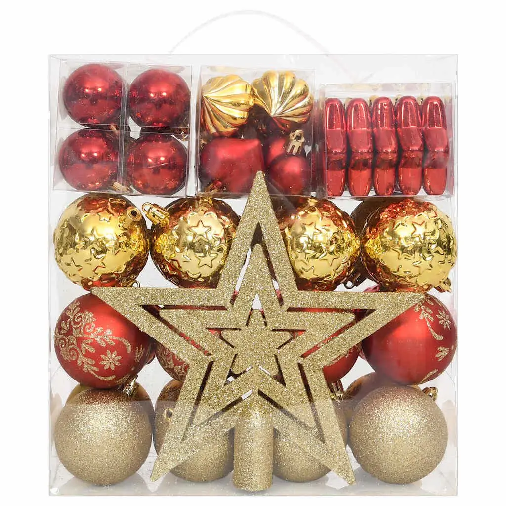 Christmas Bauble Ornament Set Shatterproof Plastic 70 Piece Gold Red