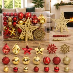 Christmas Bauble Ornament Set 108 Piece Gold Red Shatterproof Hanging Seasonal