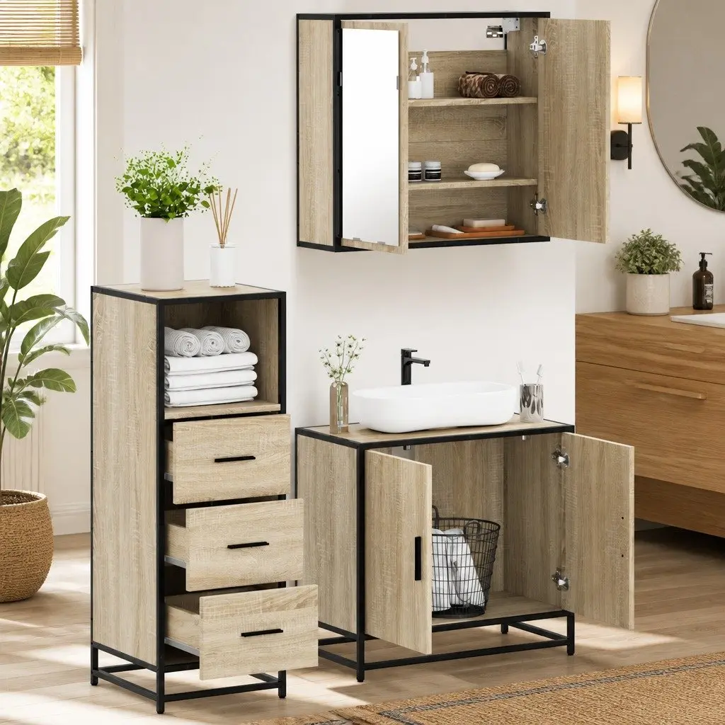 3-Piece Vanity Cabinet Set with Mirror in Brown Engineered Wood