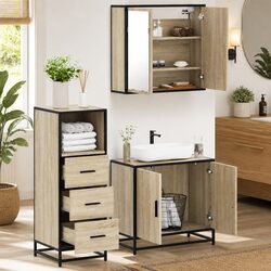 3-Piece Vanity Cabinet Set with Mirror in Brown Engineered Wood