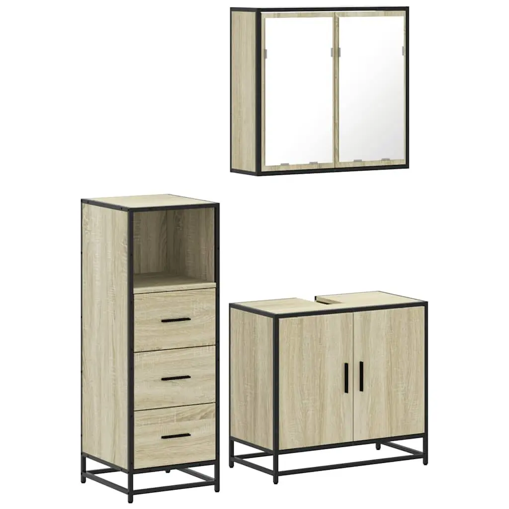 3-Piece Vanity Cabinet Set with Mirror in Brown Engineered Wood