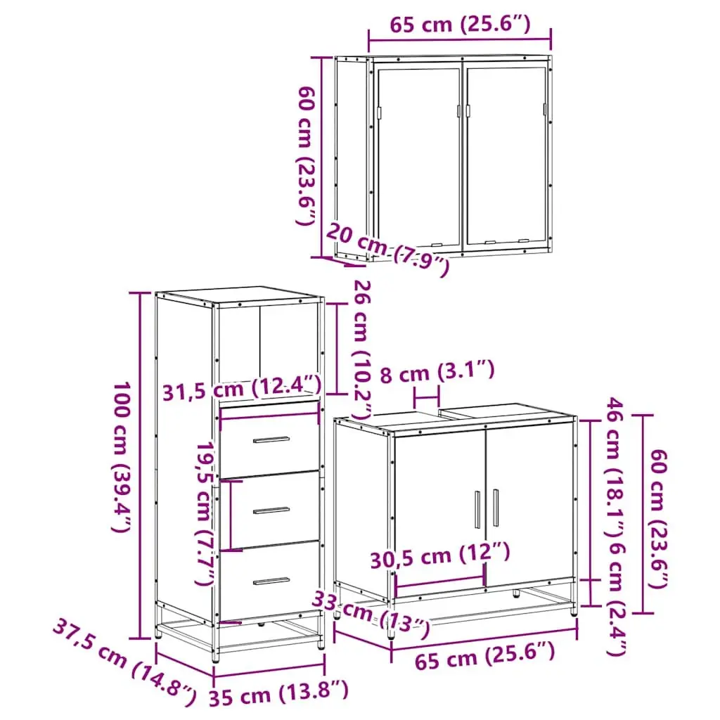 3-Piece Vanity Cabinet Set with Mirror in Brown Engineered Wood