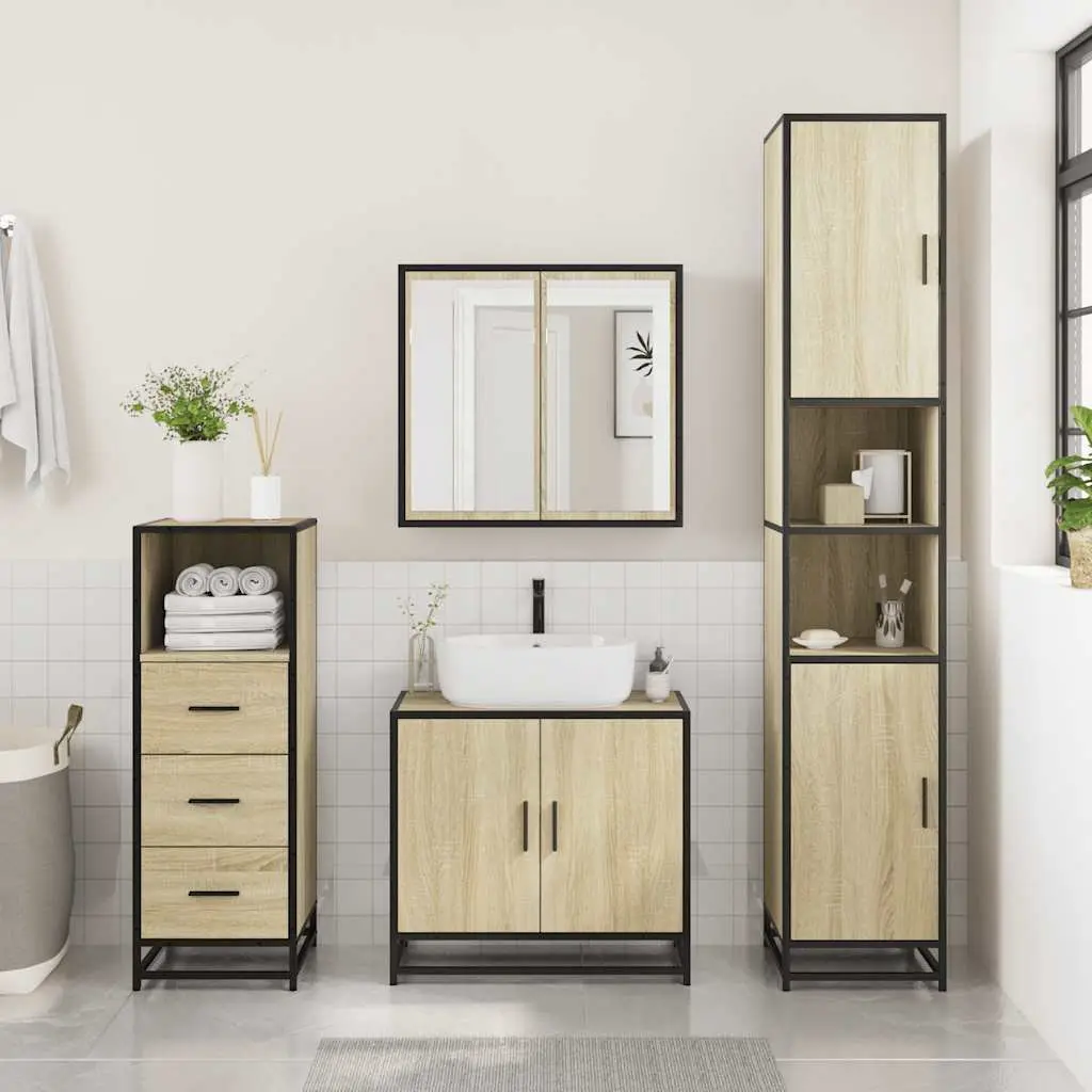 3-Piece Vanity Cabinet Set with Mirror in Brown Engineered Wood