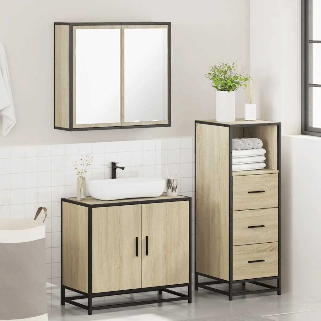 3-Piece Vanity Cabinet Set with Mirror in Brown Engineered Wood