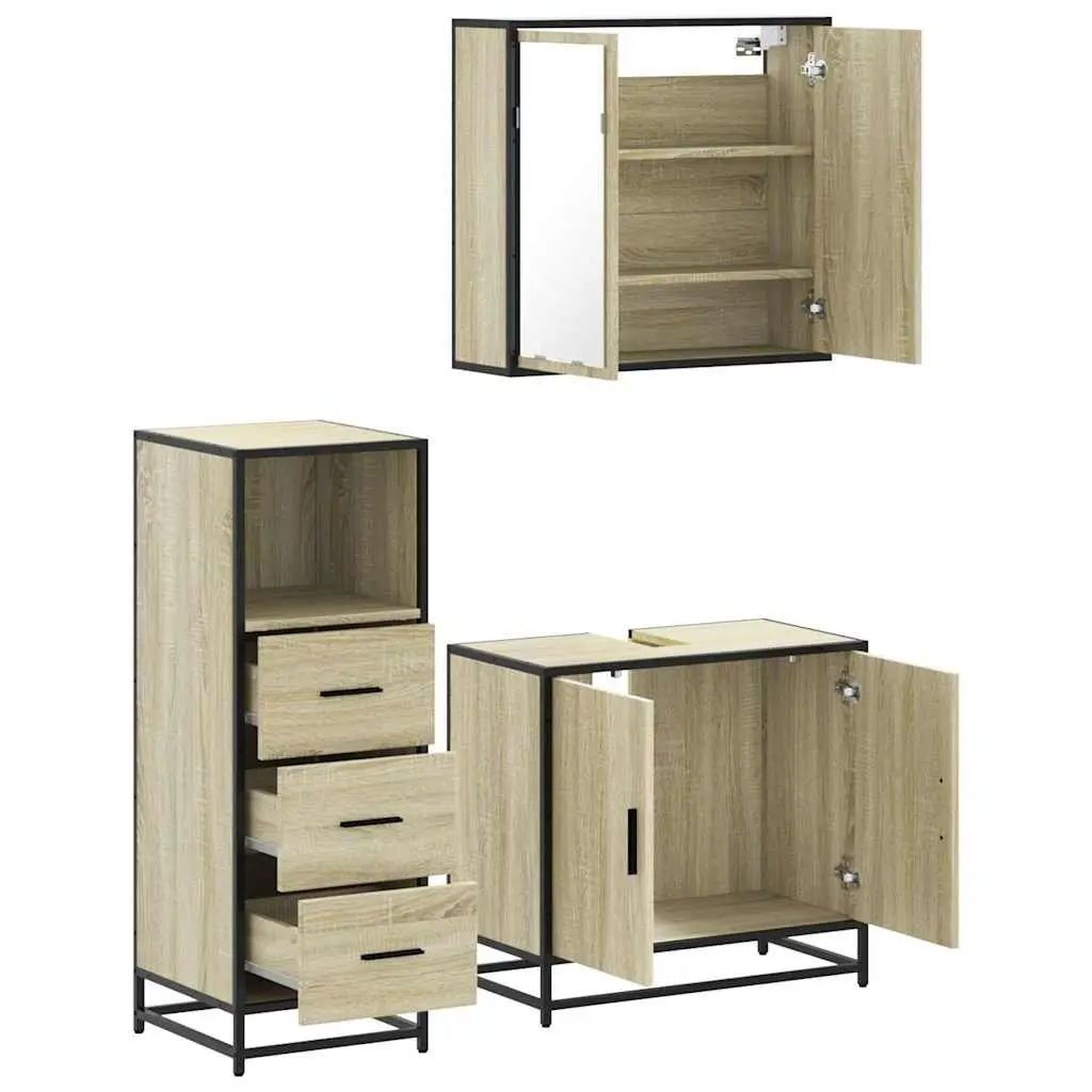 3-Piece Vanity Cabinet Set with Mirror in Brown Engineered Wood