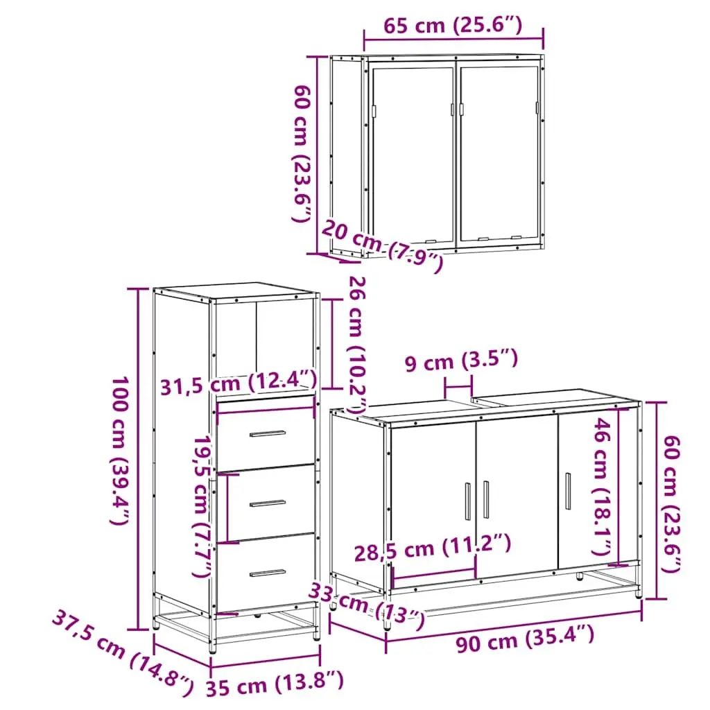 3 Piece Bathroom Set Engineered Wood Brown Vanity Cabinet Mirror