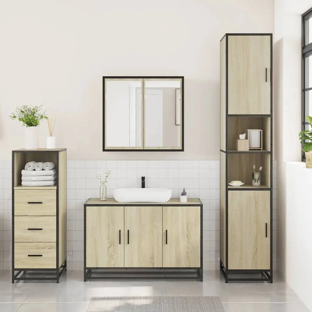 3 Piece Bathroom Set Engineered Wood Brown Vanity Cabinet Mirror