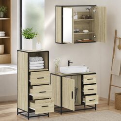 3 Piece Vanity Cabinet with Mirror in Brown Wood