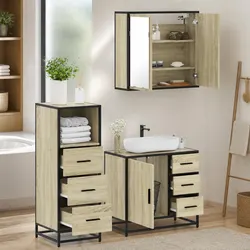 3 Piece Vanity Cabinet with Mirror in Brown Wood