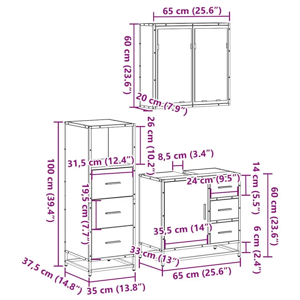 Bathroom Set Engineered Wood 3 Piece Vanity Cabinet Mirror Brown
