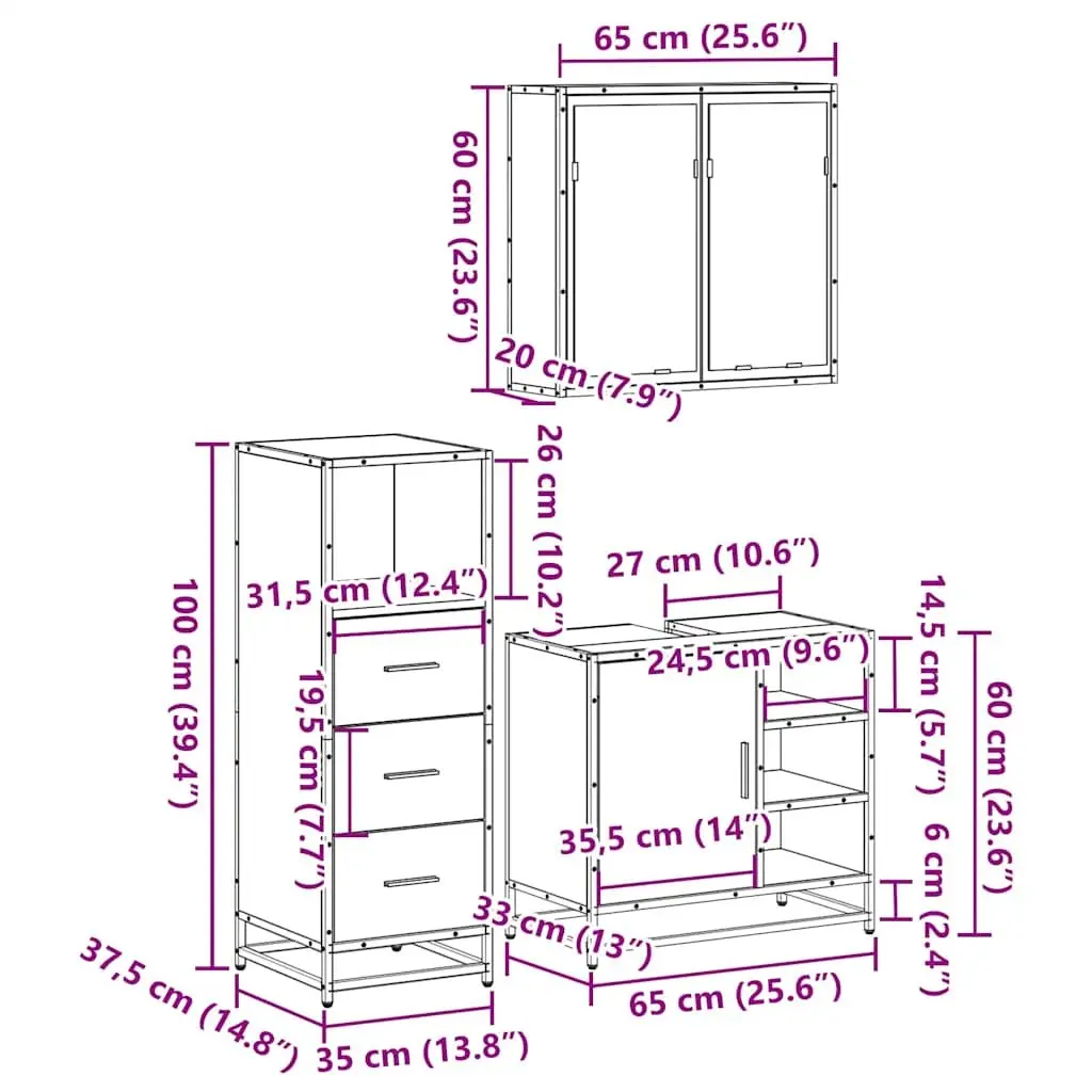 Bathroom Furniture Set 3 Piece Vanity Cabinet Mirror Sonoma Oak Storage Unit