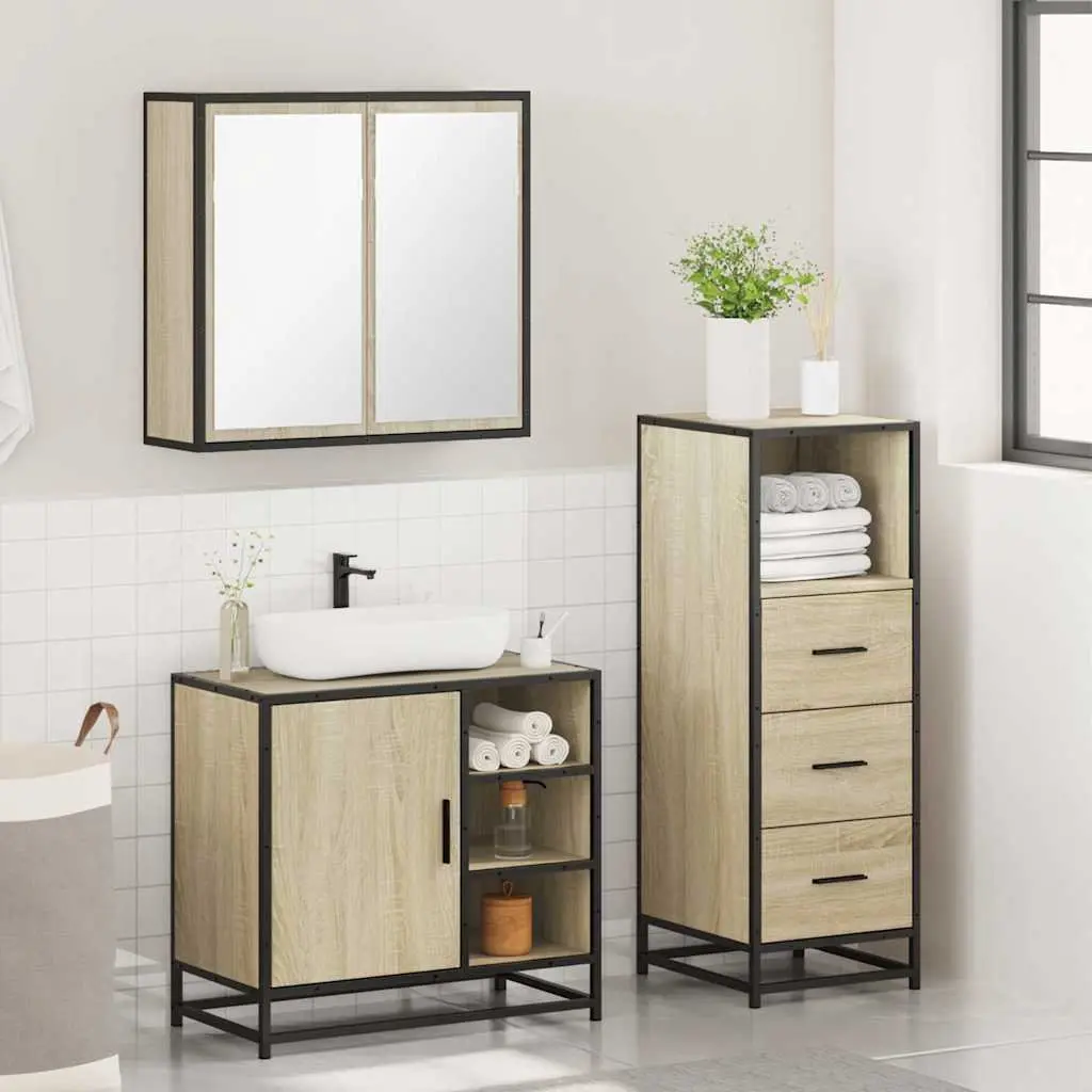 Bathroom Furniture Set 3 Piece Vanity Cabinet Mirror Sonoma Oak Storage Unit