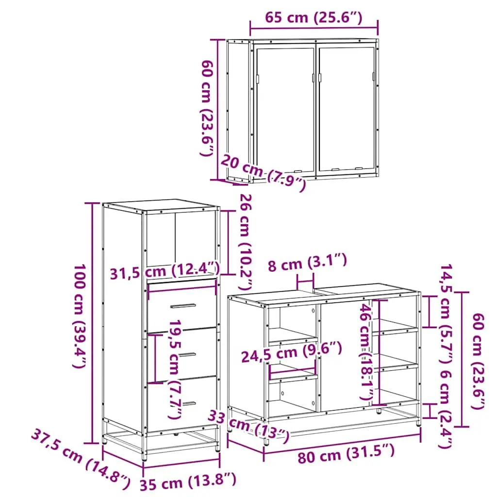 3 Piece Bathroom Furniture Set with Mirror