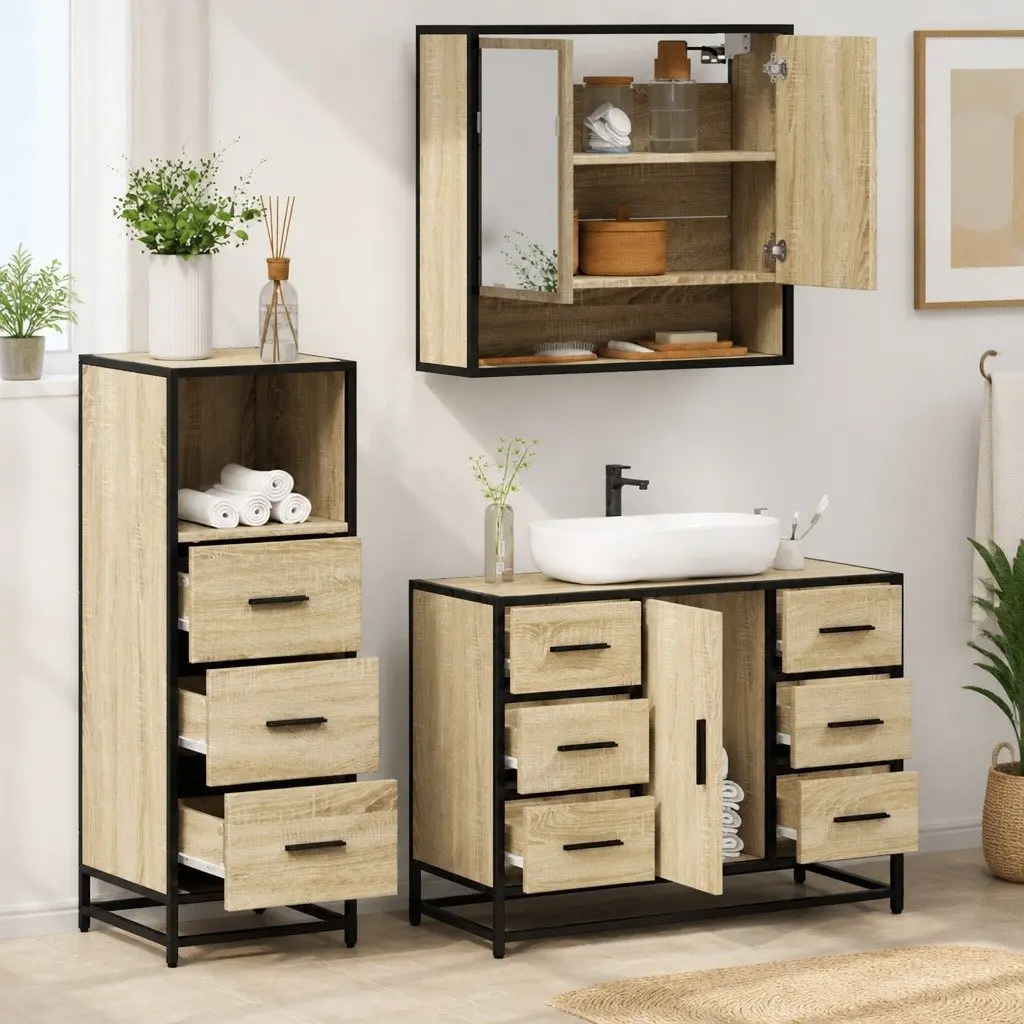 3-Piece Brown Engineered Wood Bathroom Set