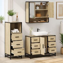 Bathroom Furniture Set 3 Piece Brown Engineered Wood Vanity Cabinet Mirror