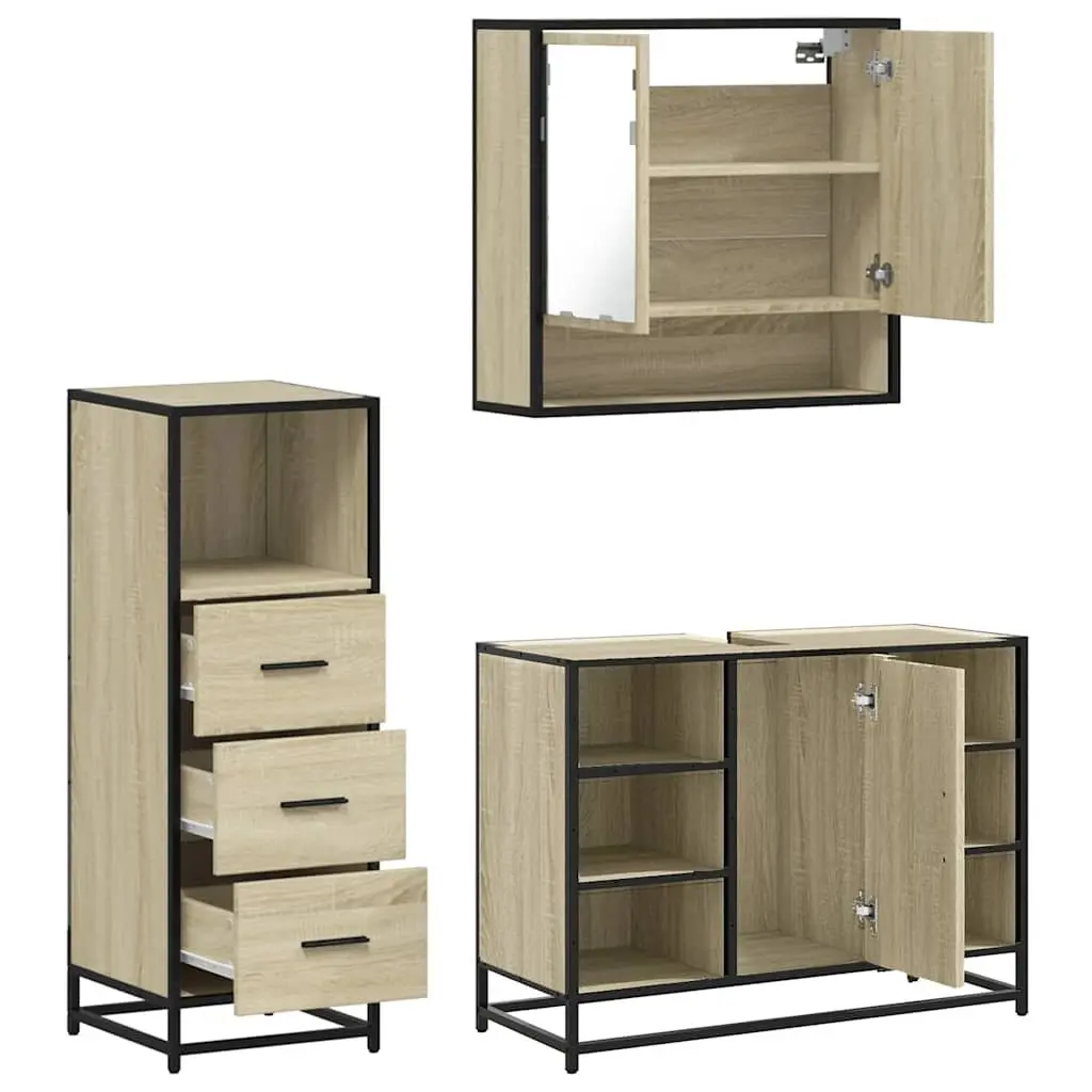 3 Piece Bathroom Furniture Set Engineered Wood Brown
