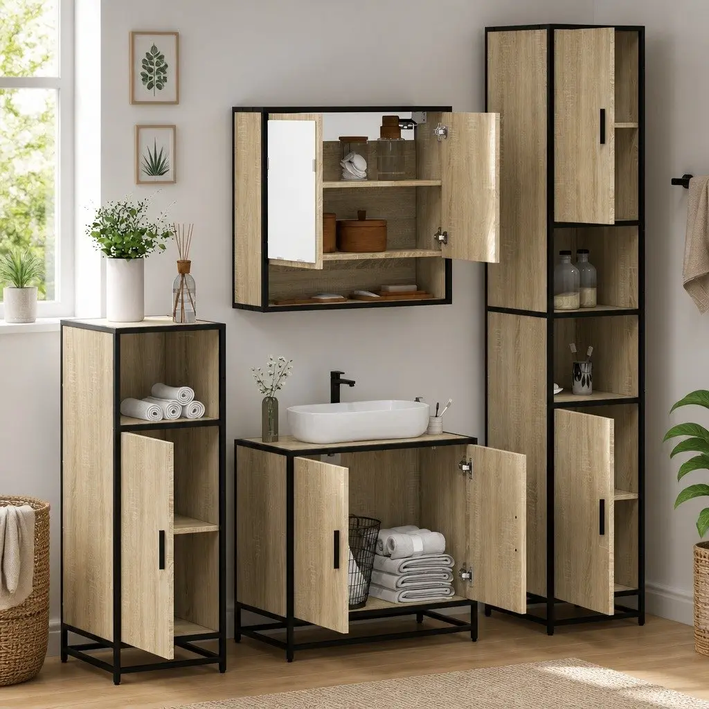 Bathroom Set Engineered Wood 4 Piece Brown