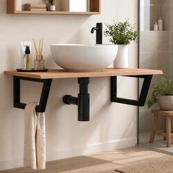 Sturdy Wall Mounted Basin Shelf with Oak Wood Top