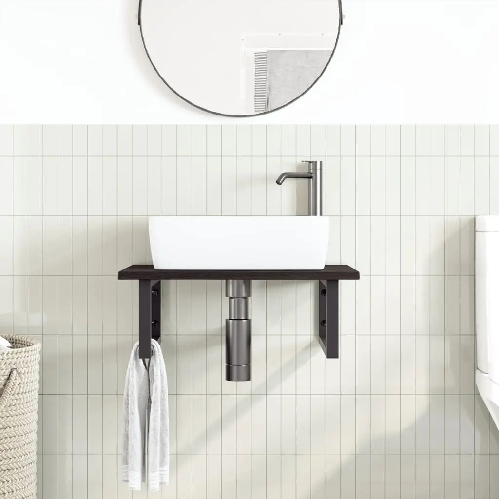 Wall Mounted Basin Shelf in Brown with Solid Oak