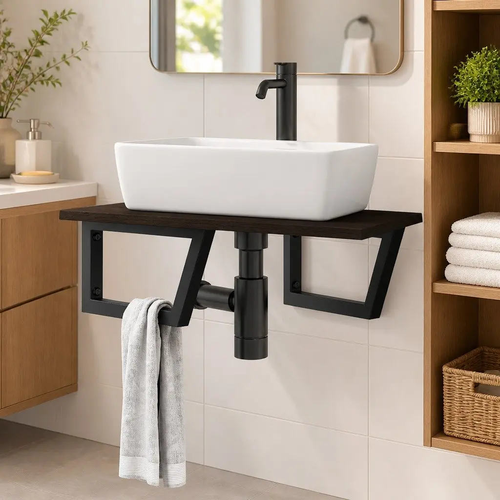 Wall Mounted Basin Shelf with Solid Oak Top