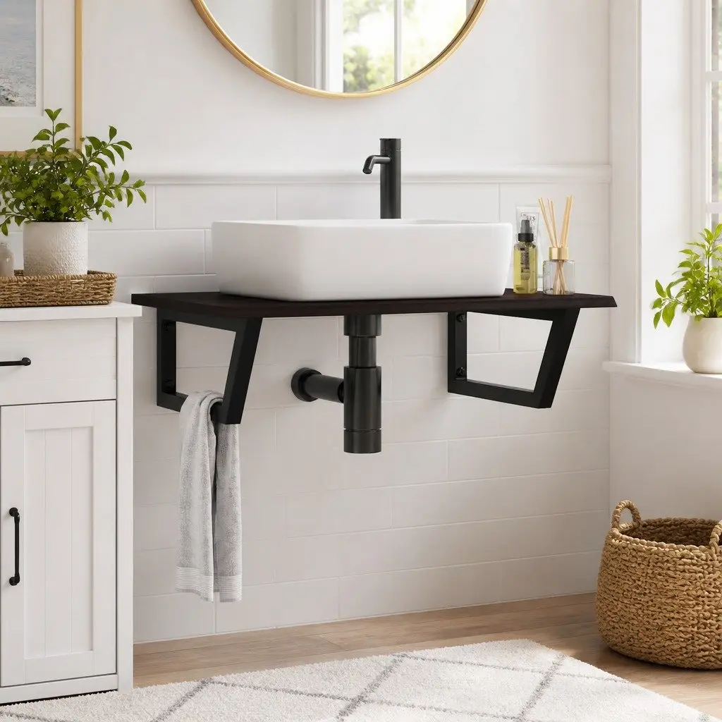 Wall Mounted Basin Shelf Steel Oak Wood Brown Floating