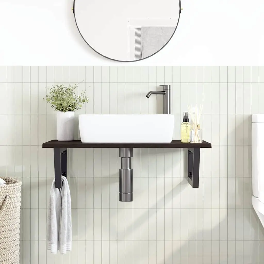 Wall Mounted Basin Shelf Steel Oak Wood Brown Floating